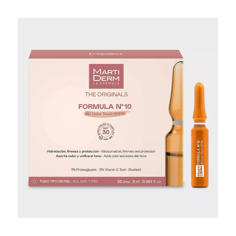 MartiDerm Fórmula Nº10 HD Color Touch SPF30 | Ampollas Antioxidantes con Color y Protección Solar