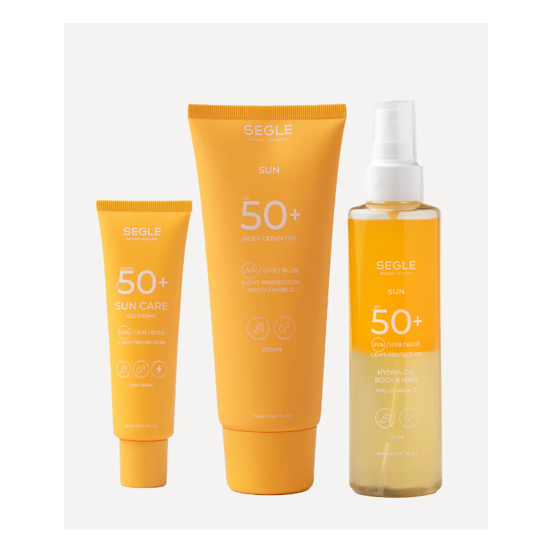 Segle Pack Solar Completo | Crema Facial SPF50+, Corporal SPF50+ y Spray Bifásico