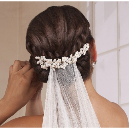 FLORMODA Tocado Novia Aixa | Tocado Floral de Porcelana para Novia y Comunión